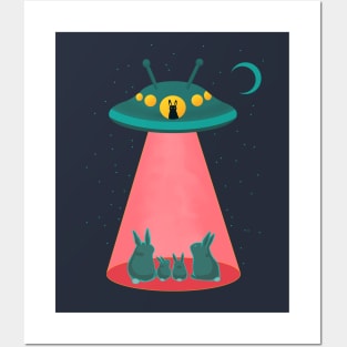 Alien Bunnies and Space Ship with Cute Sci Fi Rabbits Posters and Art